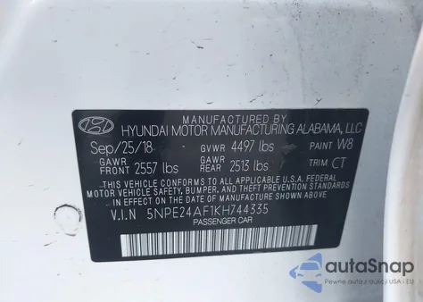 2019 Hyundai Sonata Se z USA, uszkodzony, nr VIN 5NPE24AF1KH744335
